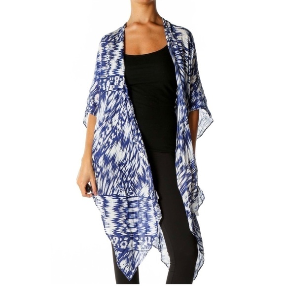 Anthropologie Michael Stars Blue & White Printed Lightweight Boho Duster OS - Picture 2 of 6